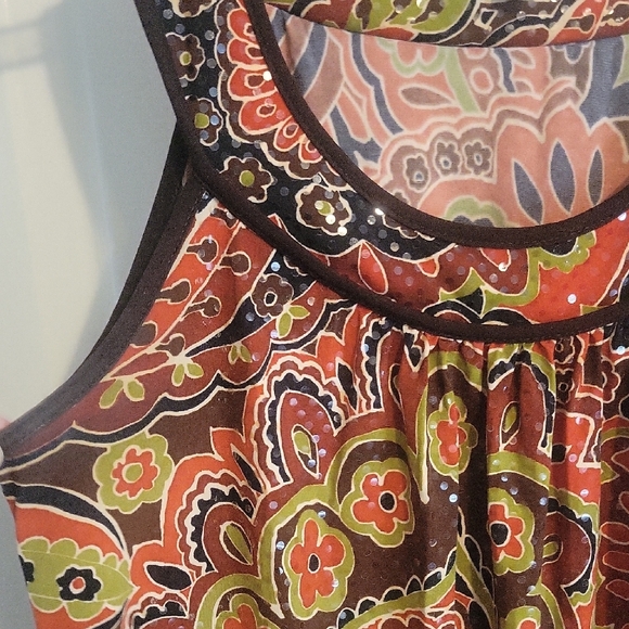 Moa moa SzXL floral brown trim scoop neck sleeveless Women's Top sparkle - Picture 4 of 5